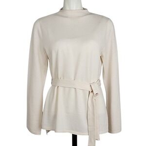 NWT Nicole Miller New York Women's Cream Extra Fine Merino Wool Belted Sweater L